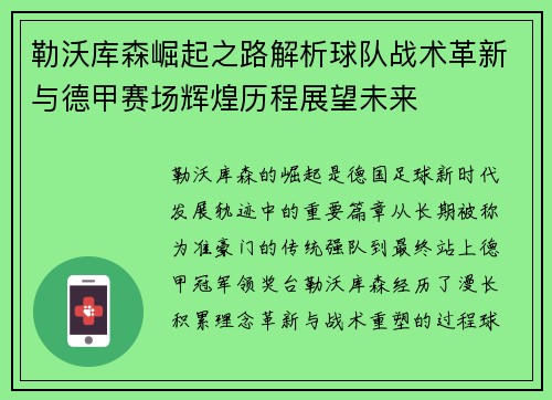 勒沃库森崛起之路解析球队战术革新与德甲赛场辉煌历程展望未来